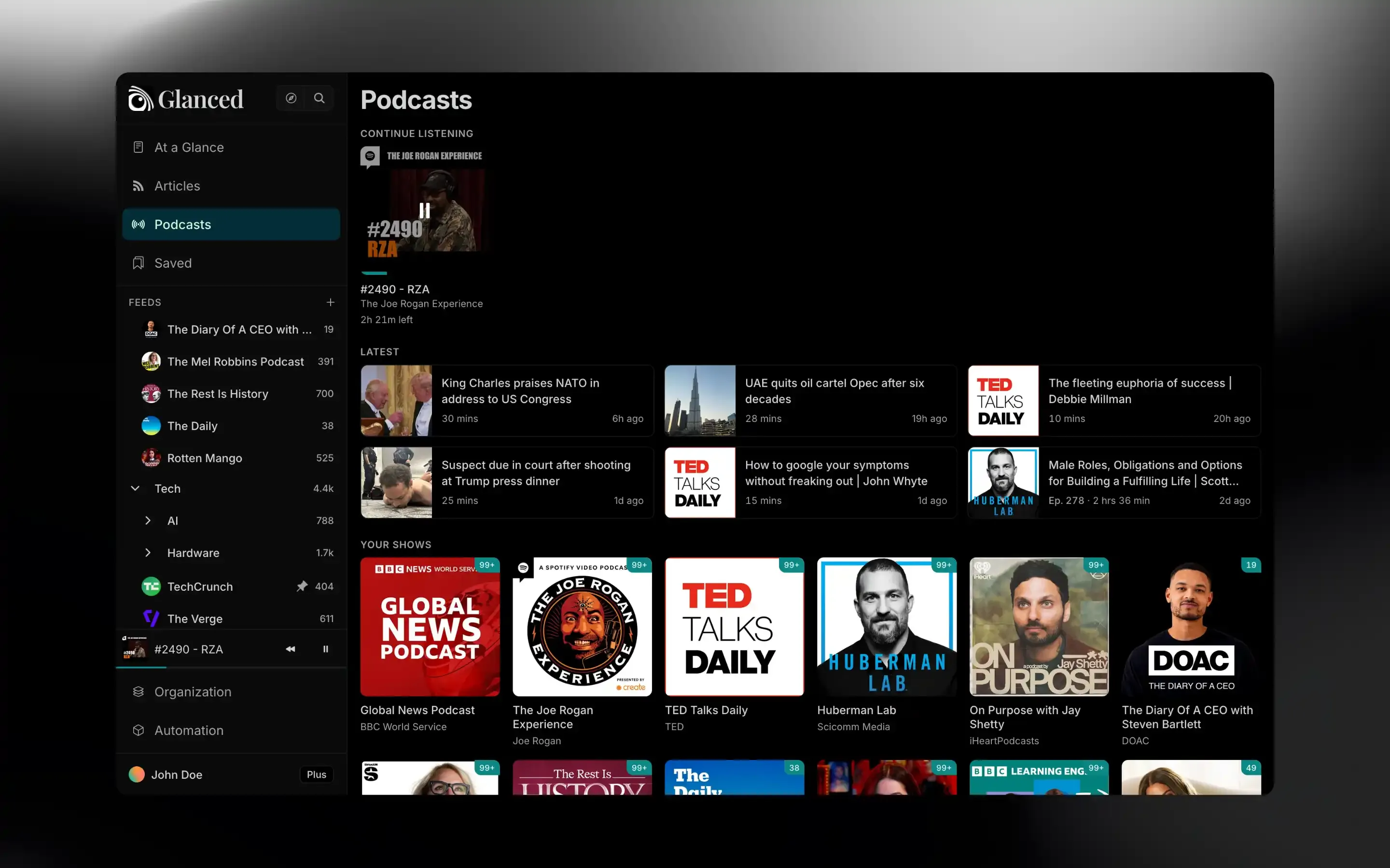 Glanced podcast player
